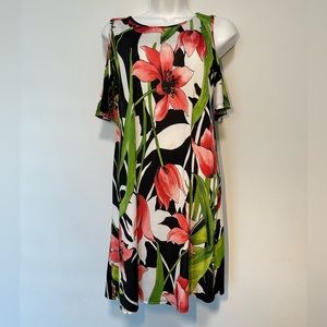 Blooms in the City Mini Dress with Red Flowers and Green leaves